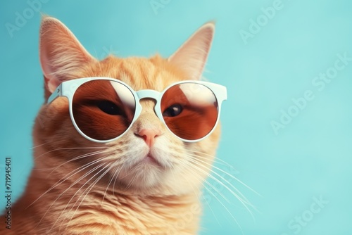 An orange cat wearing white sunglasses against a vibrant blue background. Perfect for adding a touch of style and humor to any design