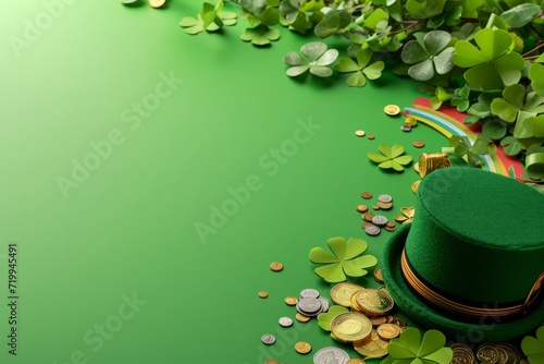 Green leprechaun top hat with clover leaves and gold coins on a green background. St. Patrick's Day celebration, good luck and fortune concept, copy space