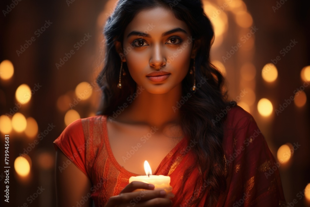 A woman dressed in a vibrant red gown holds a flickering lit candle. Perfect for adding a touch of elegance and mystery to any project A woman dressed in a vibrant red gown holds a flickering lit candle. Perfect for adding a touch of elegance and mystery to any project