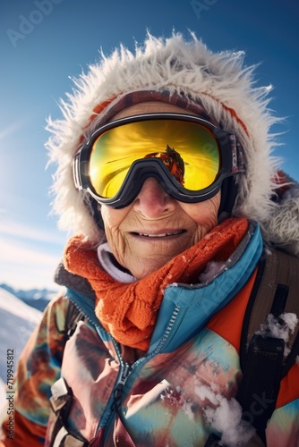 A person wearing a jacket and goggles on a mountain. Perfect for outdoor adventure or winter sports. © Fotograf
