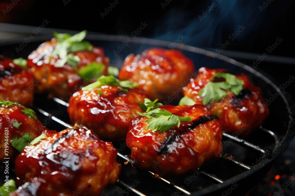 Close up of meatballs cooking on a grill. Perfect for food enthusiasts and barbecue lovers. Close up of meatballs cooking on a grill. Perfect for food enthusiasts and barbecue lovers.