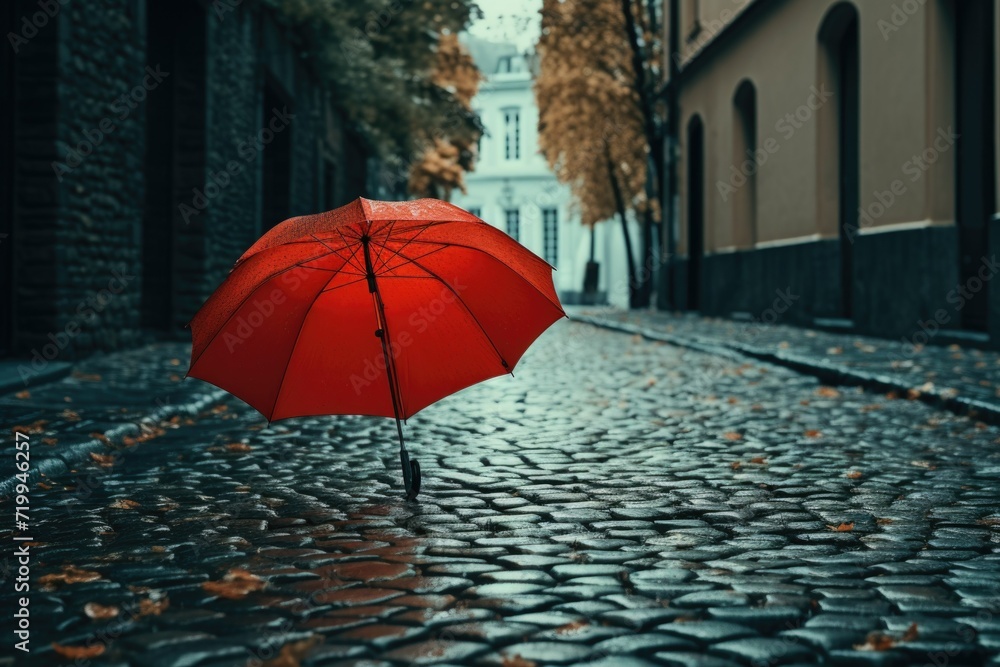 A red umbrella sits on a picturesque cobblestone street, creating a charming scene. Perfect for adding a pop of color to any project or for illustrating rainy weather