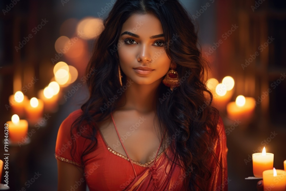 A woman wearing a vibrant red sari stands gracefully in front of a row of flickering candles. This image can be used to depict cultural celebrations, spirituality, or serene beauty A woman wearing a vibrant red sari stands gracefully in front of a row of flickering candles. This image can be used to depict cultural celebrations, spirituality, or serene beauty