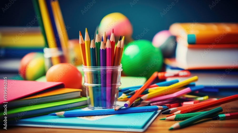 A cup filled with colored pencils sitting on top of a table. Perfect for art and creativity concepts A cup filled with colored pencils sitting on top of a table. Perfect for art and creativity concepts