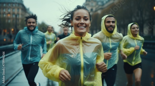 A group of people running in the rain. Suitable for sports, fitness, and rainy day activities