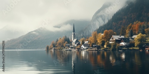 A picturesque small town situated on the shores of a serene lake, surrounded by majestic mountains. Perfect for travel, nature, and landscape photography