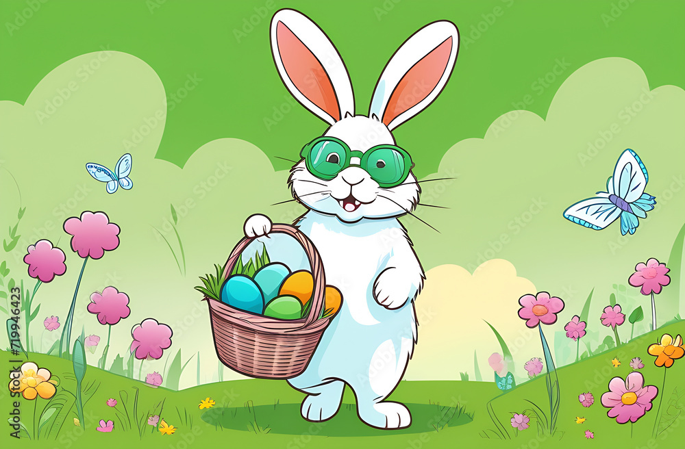 A cute cheerful rabbit in green glasses carries a basket with colorful eggs. happy Easter A cute cheerful rabbit in green glasses carries a basket with colorful eggs. happy Easter