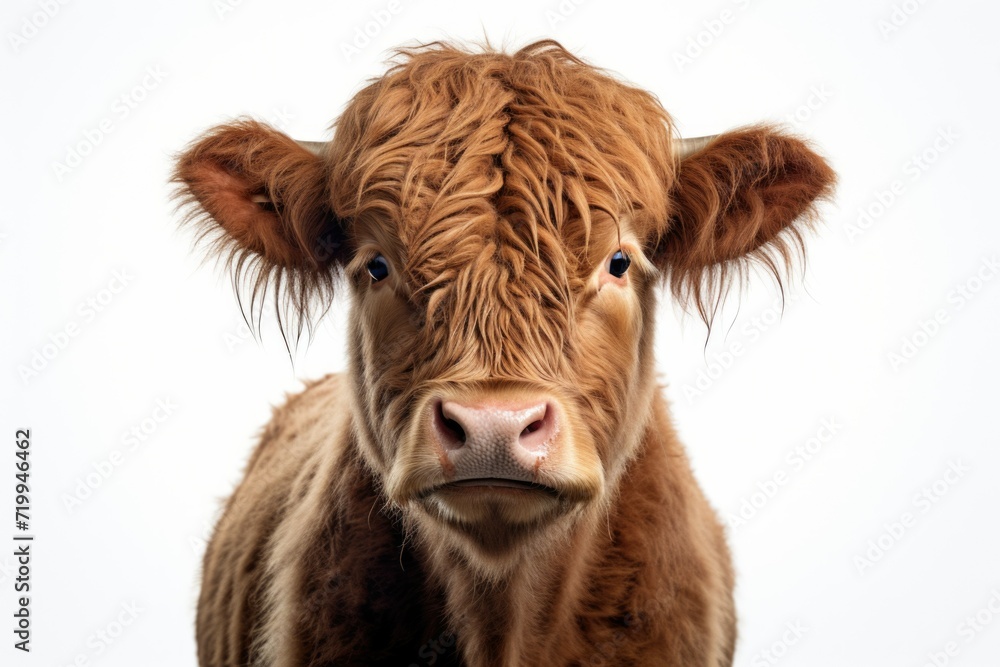 A detailed view of a cow's face against a white background. Suitable for agricultural, farming, and animal-themed projects