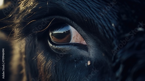 A detailed close-up view of a black horse's eye. This image can be used in various projects related to animals, nature, or equine themes
