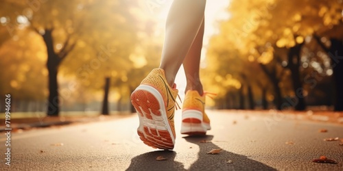 A person's feet walking on a road with trees in the background. Suitable for various outdoor and nature-themed projects