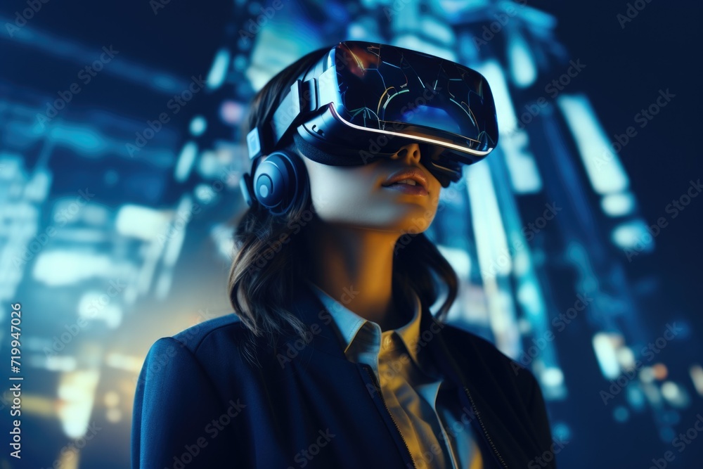 Woman wearing a virtual reality headset in a bustling city. Perfect for illustrating the use of virtual reality technology in urban environments Woman wearing a virtual reality headset in a bustling city. Perfect for illustrating the use of virtual reality technology in urban environments