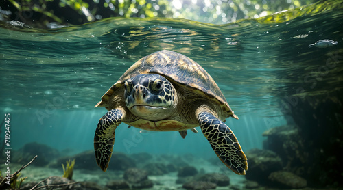 Portrait of a large turtle underwater. AI