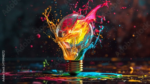 Creative light bulb explodes with colorful paint and splashes