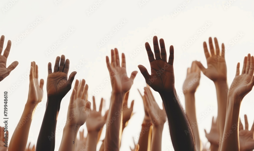 ethnic diversity in a raised hand. white background, 