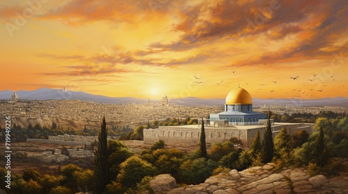 dome of the rock Jerusalem Israel old city omar mosque al aqsa al quds historical illustration background  photo