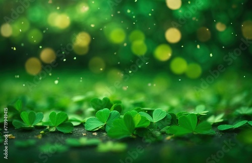 St. Patrick's Day clover confetti with green bokeh