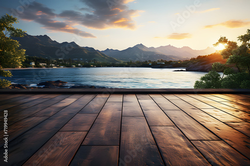 Landscape Empty brown wooden floor or table blur background. Green forest on mountain  river  lagoon  and sky. Covered with morning mist. Abstract Texture. Landscape from nature  creativity pattern. 