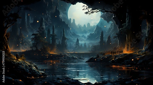 A hidden obsidian black lake tucked away in a deep cave, with the night sky visible through the opening, showcasing a vibrant celestial panorama