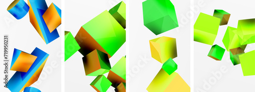 Flying 3d shapes, cubes and other geometric elements background design for wallpaper, business card, cover, poster, banner, brochure, header, website