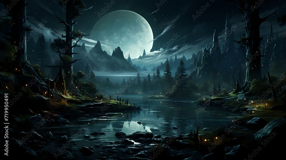 A hidden obsidian black lake nestled deep within a forest, its surface adorned with the shimmering beauty of the night sky - obrazy, fototapety, plakaty 