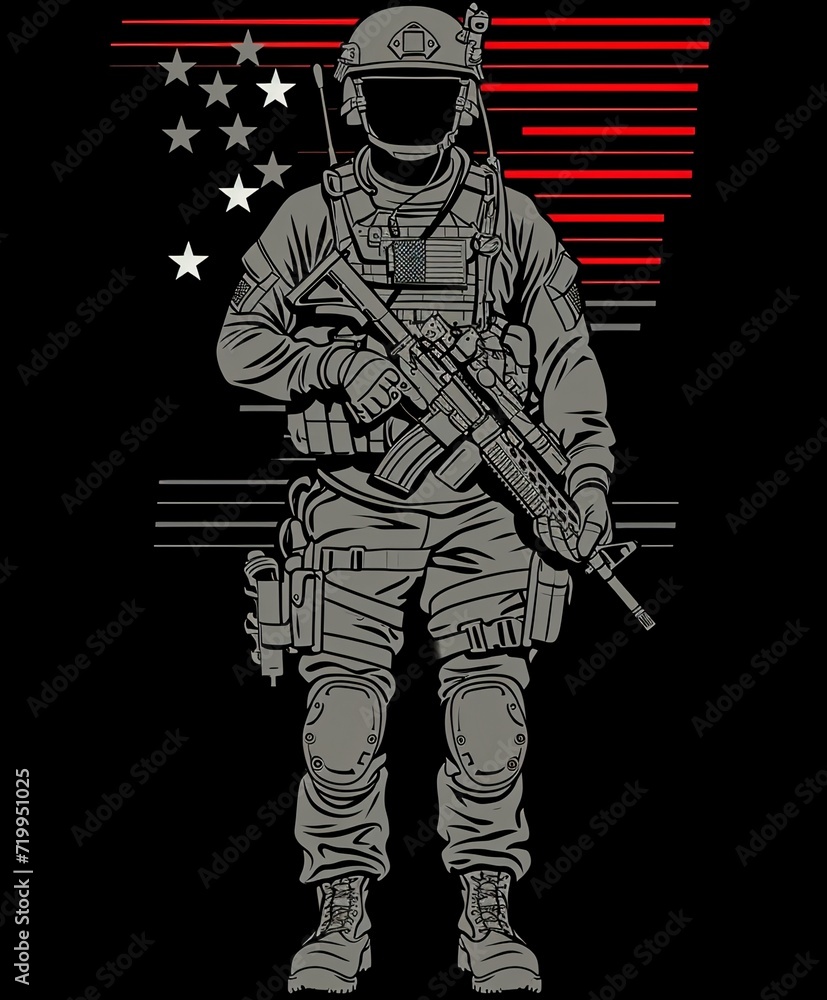 Obraz premium Illustration of military man with guns and American flag in the background