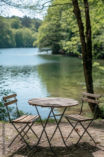vintage garden table, lake and trees in the background