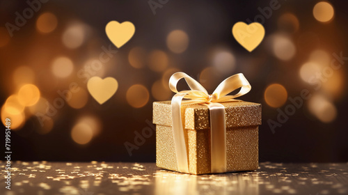 Golden gift box over shiny background with heart-shaped bokeh lights 
