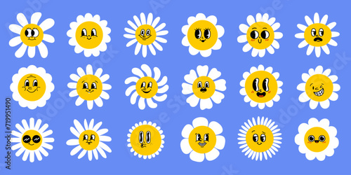 Collection of magnificent chamomile flowers. Retro daisy smiles in cartoon style. Set of happy 70s stickers. Vector graphic illustration in hippe style.