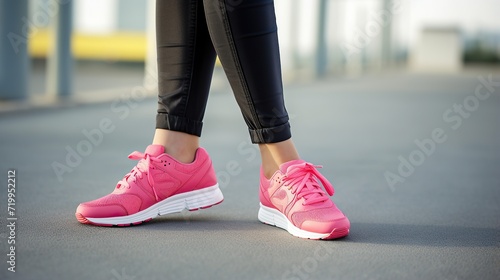 young sport wearing shoes outdoors. Sneakers on woman's feet close up, training in stadium at sunrise