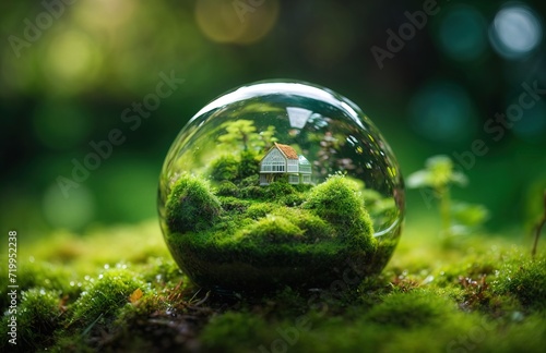 Crystal globe putting on moss. water dew, flower, creating beautfiul scene photo