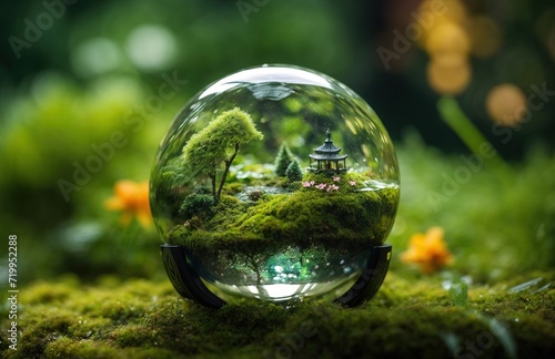 Crystal globe putting on moss. water dew, flower, creating beautfiul scene