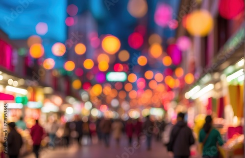 A busy street market, colorful bokeh defocused background