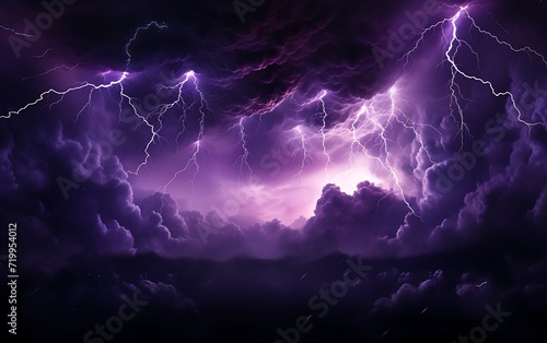 Purple thunderstorm lightning in the night sky.