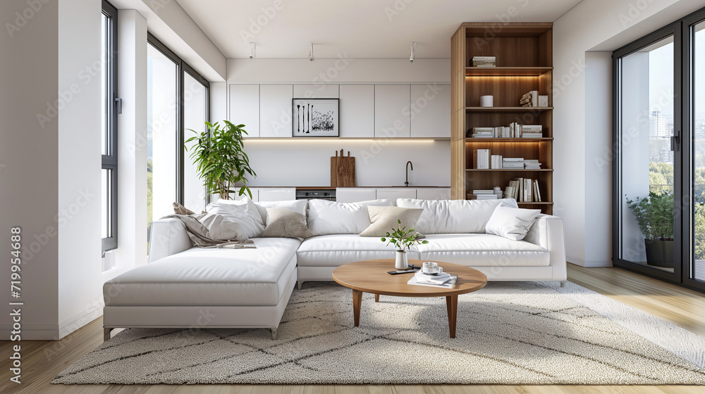 Studio apartment with white corner sofa. Generative AI Studio apartment with white corner sofa. Generative AI