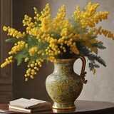 Vase with spring yellow mimosa flower
