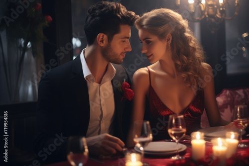 Couple celebrates Valentines Day with romantic dinner.