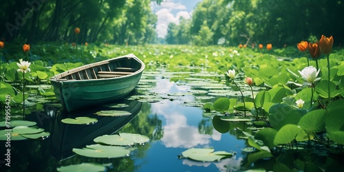 Wooden boat in the pond with lotus flowers.