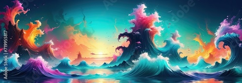 Colorful sea waves in fantasy. Fairytale. Abstract art