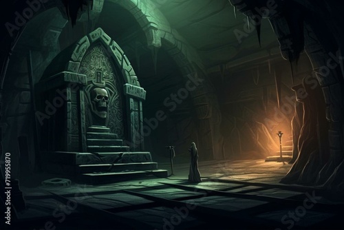 An eerie underground temple with a coffin, including a haunting background illustration. Generative AI
