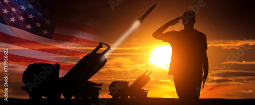 Artillery rocket system and soldiers at sunset with USA flag. Multiple launch rocket system. Veterans Day, Memorial Day, Independence Day. America celebration. 3d illustration