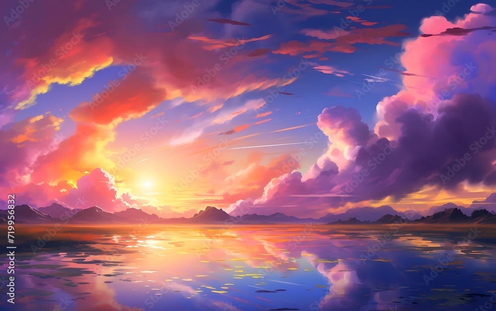 Beautiful sunset over the lake. Digital painting. Illustration.