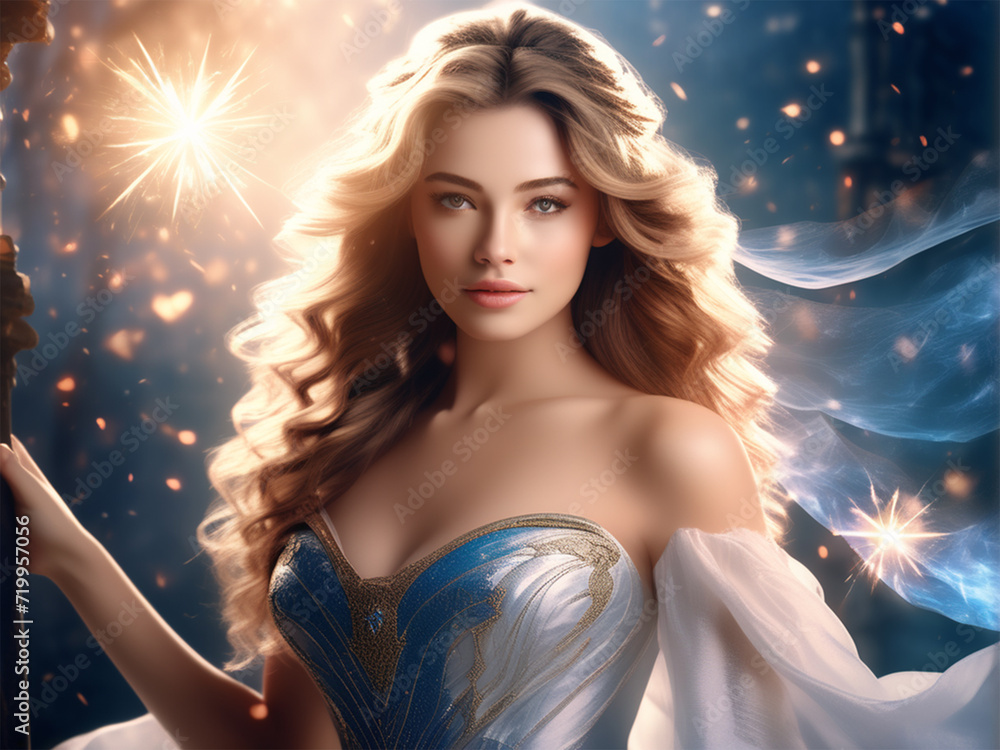 a beautiful blonde woman with a tiara in her curly hair. She is wearing a flowing blue dress and looking into the distance with a serious expression. The background is a mix of blue a beautiful blonde woman with a tiara in her curly hair. She is wearing a flowing blue dress and looking into the distance with a serious expression. The background is a mix of blue