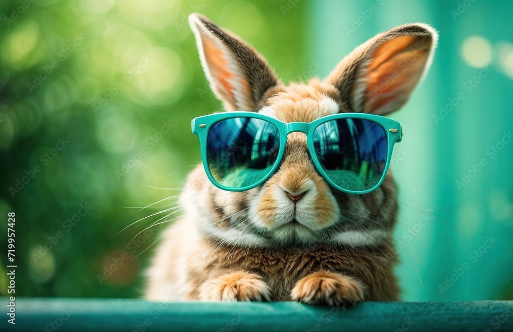 Funny easter rabbit in trendy blue sunglasses. Pastel green background