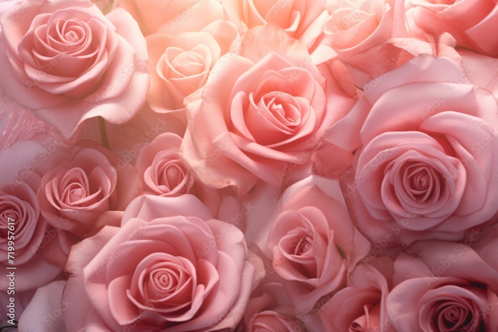 Pink rose blossoms from above on light surface. Pink rose blossoms from above on light surface.