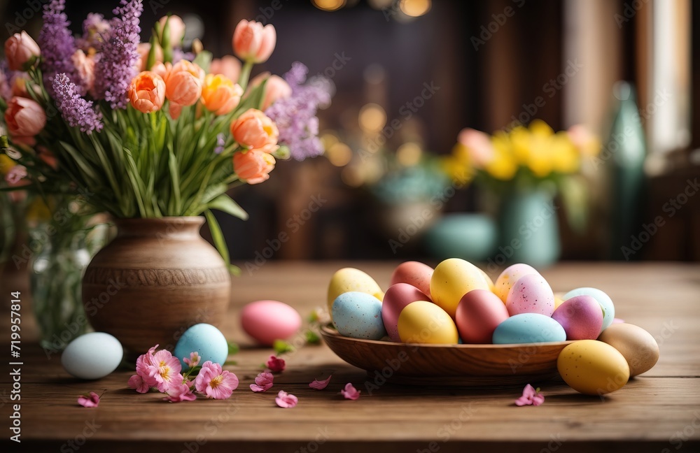 Emmpty wooden table background - Spring flowers in a vase and easter eggs Emmpty wooden table background - Spring flowers in a vase and easter eggs