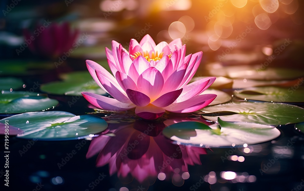 Beautiful pink waterlily or lotus flower in the pond.