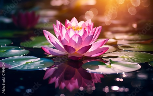 Beautiful pink waterlily or lotus flower in the pond.