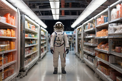 Interstellar shopping experience. Astronaut navigating a futuristic space supermarket aisle. A cosmic blend of sci-fi and everyday life. 