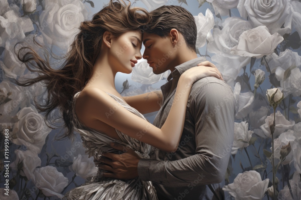 Naklejka premium Elegant couple kisses behind roses on gray background.