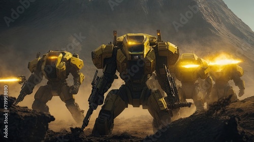 In the dim light of an alien battlefield, a group of warriors stands resolute, their eyes radiating a luminous yellow glow reminiscent of fierce embers. © PixelPrompt
